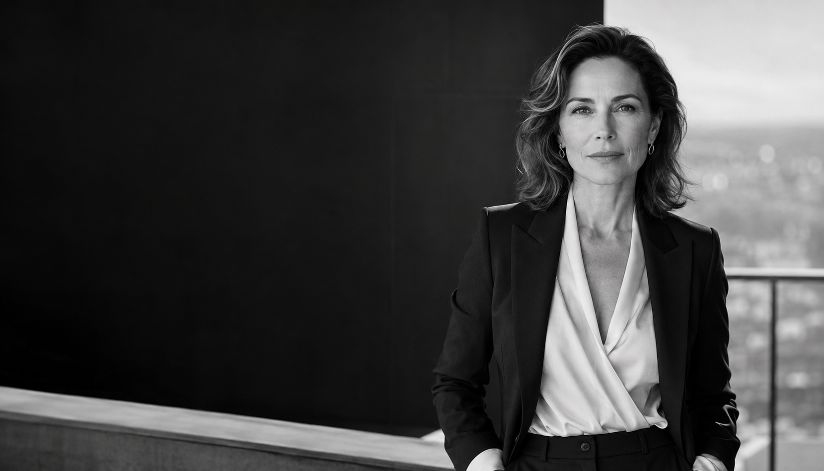 Sophisticated beauty model in tailored eveningwear looking directly into the camera